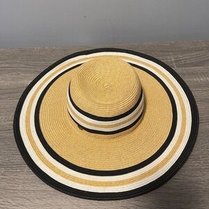 HBY Miami Womens Beach Hat Straw Wide Brim OSFM Striped Sun Outdoor Resort Pool
